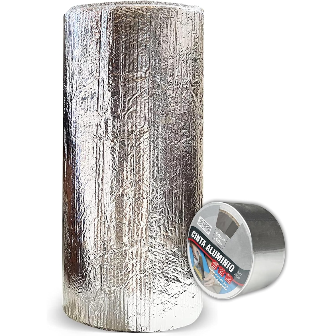 Aislante Térmico Reflexivo de Aluminio y Burbujas 0.5x10 m (5 m²) + Cinta de Aluminio 50 mm x 10 m - Frío y Calor