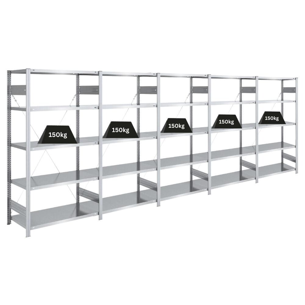 PROREGAL Schwerlastregal Silver Mamba Made in Germany | HxBxT 200x500x50cm | 5 Ebenen je 150kg Fachlast | Verzinkt