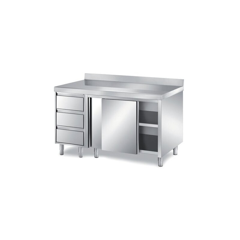 Tavolo armadiato con scorrevoli e cassettiera laterale, con alzatina posteriore. Prof. 60 - 150x60x85H, Sinistra, con 4 ruote, AISI 304