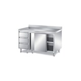 thumbnail of Tavolo armadiato con scorrevoli e cassettiera laterale, con alzatina posteriore. Prof. 60 - 150x60x85H, Sinistra, con 4 ruote, AISI 304