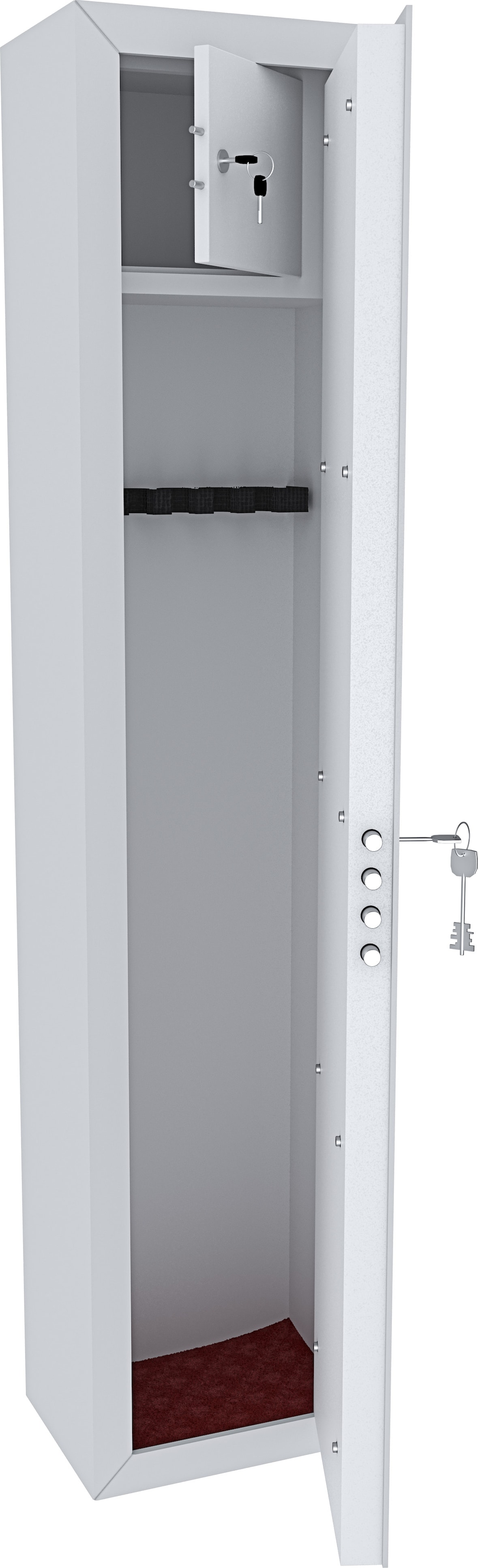 Un armadietto bianco per armi con porta aperta.