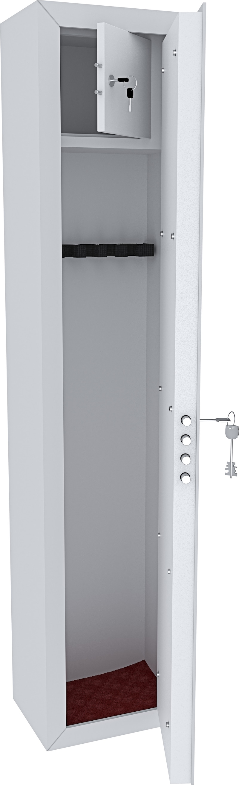 Un armadietto bianco per armi con porta aperta.