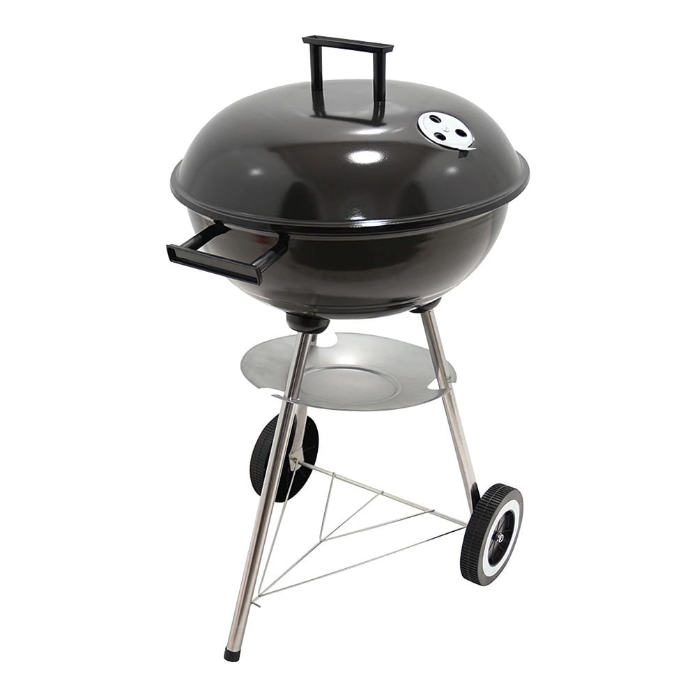 Barbecue à charbon 3 pieds avec couvercle et roues, acier noir, 51 cm