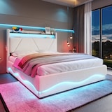thumbnail of Polsterbett 160x200 mit LED, USB-Anschlüssen und Stauraum im Kopfteil – multifunktionales Design in Beige, Samtbezug