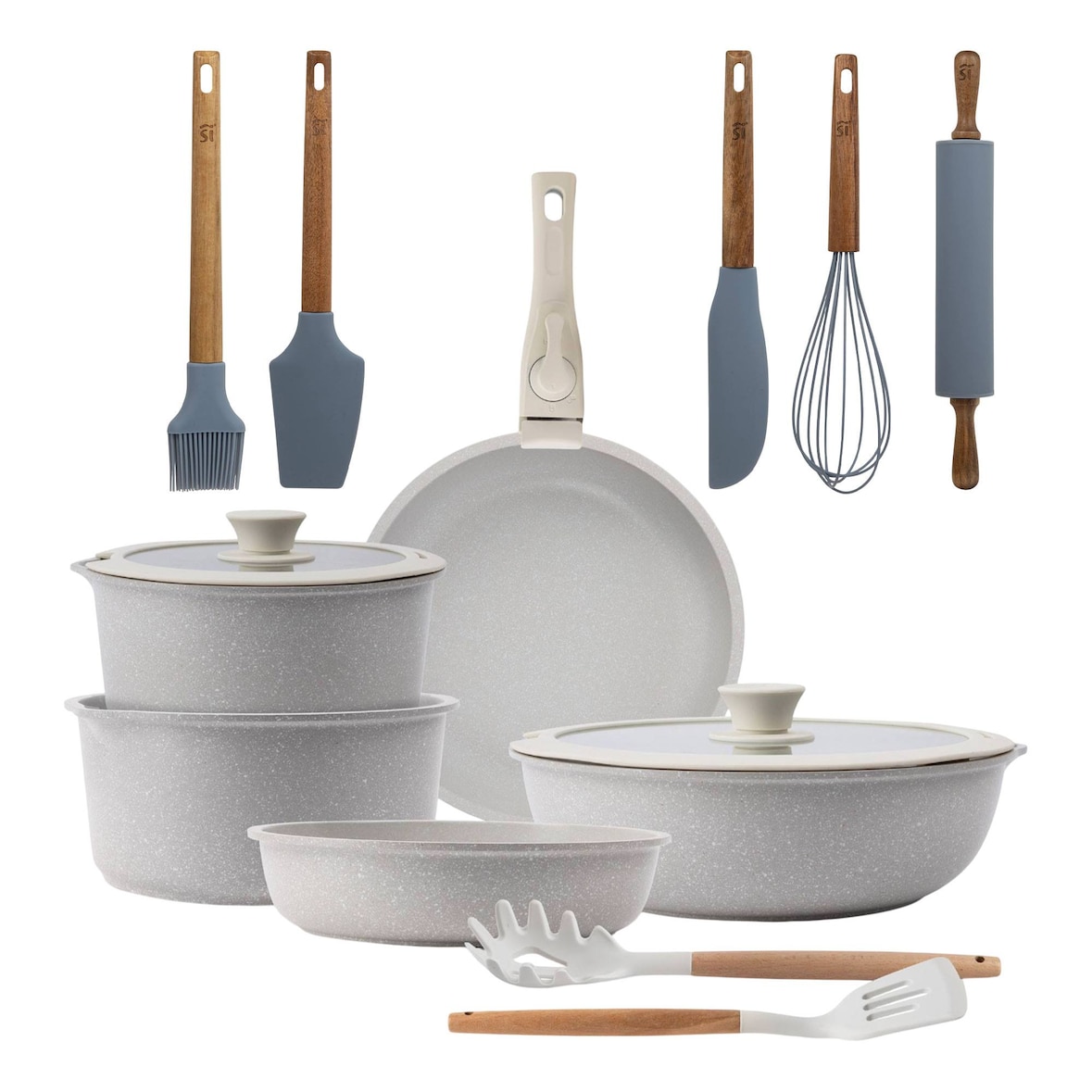 BERGNER - Batería de cocina 10 pcs Aluminio fundido y Antiadherente con Mango extraíble con Set de 5 Utensilios de Cocina de Silicona y Madera
