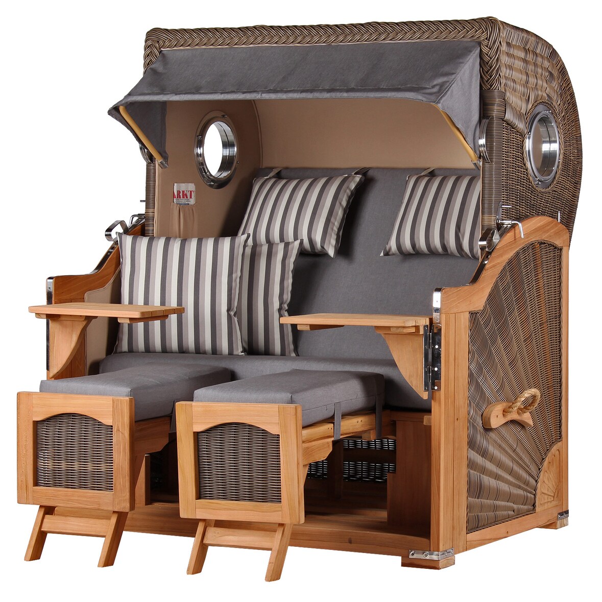 Strandkorb - bene living - Ammersee Grande XL Teak Bullauge - PE grau - Modell 544 - 2,5-Sitzer inkl. Liftersystem