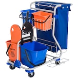 thumbnail of Reinigungswagen Putzwagen 93x80x97 cm Blau+Orange mit 4 Eimern 18l und 6l Mopp Presse Abfallsack Rollen Stauraum für Hotel Büro