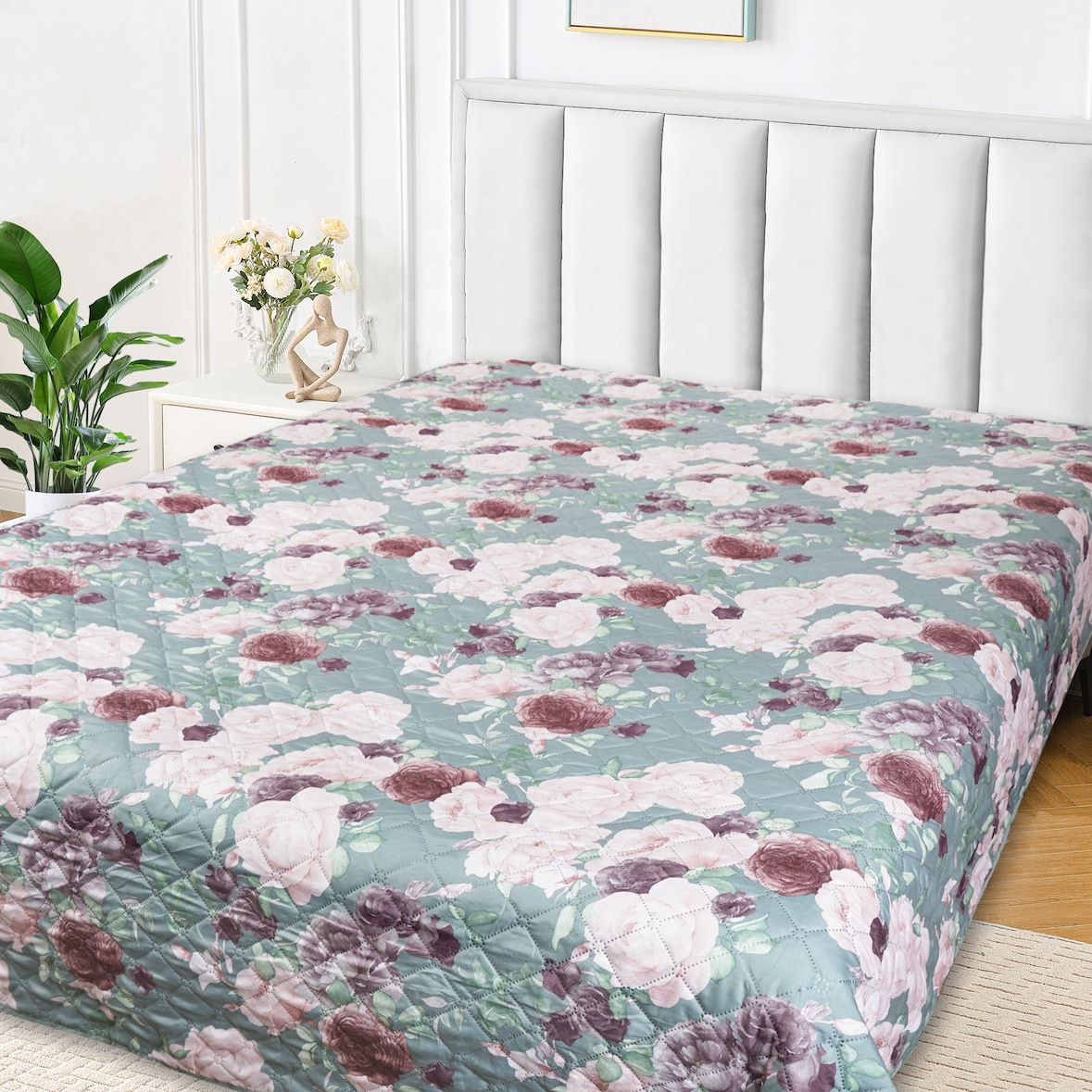 Tagesdecke Überwurf Bettüberwurf 220x240 Rosa Sofaüberwurf Blumen Rosen Bordeaux Grün Gesteppt Wattiert warm