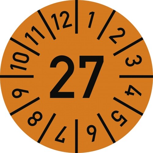 Dreifke® Prüfplakette Jahr 27 mit Monaten, orange, Folie-Spezialkl., Ø 10 mm, 10 St./Bo.