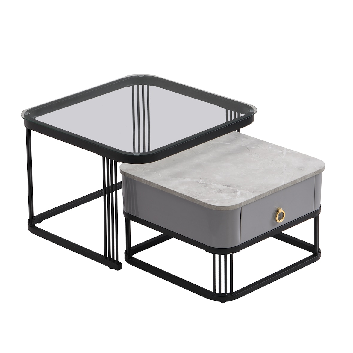 Merax Couchtisch Set Marmoroptik mit Schublade, Beistelltisch hochglanz, Satztisch mit Glasplatte,Wohnzimmertisch, Schwarz | Grau