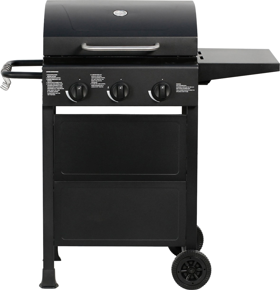 aro Barbacoa de gas, acero/acero inoxidable, 104 x 58 x 104.5 cm, 3 quemadores (3 kW), termómetro, 1 mesa auxiliar plegable, con 2 ruedas, negro