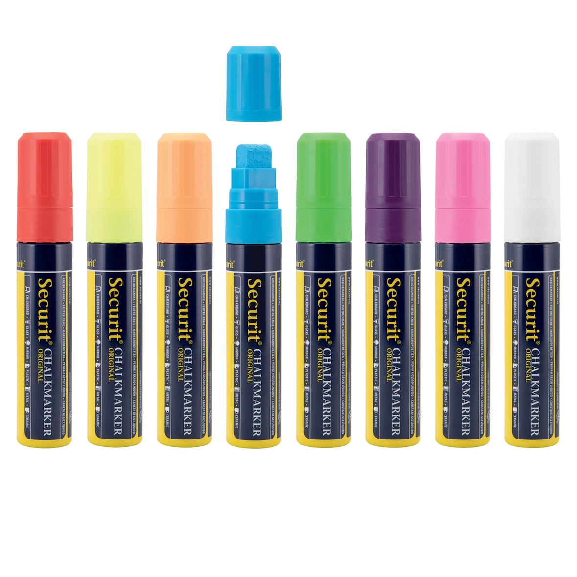 Securit® Feutre-craie à encre liquide coloré lot de 8 - large 7-15mm Nib - pochette  - Blanc, Rouge, bleu, jaune, vert, rose, orange, violet