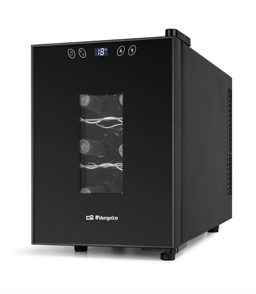 Orbegozo vinoteca VT 630, capacidad de 6 botellas, luz interior LED, pantalla digital LCD, táctil, control electrónico temperatura, silenciosa, 55 W