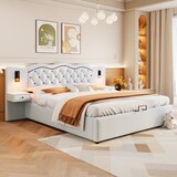 thumbnail of Gepolstertes Flachbett 180x200 mit hydraulischem Stauraum, USB-Ladeanschlüsse, Nachttische, modernes Design, komfortabel, Beige