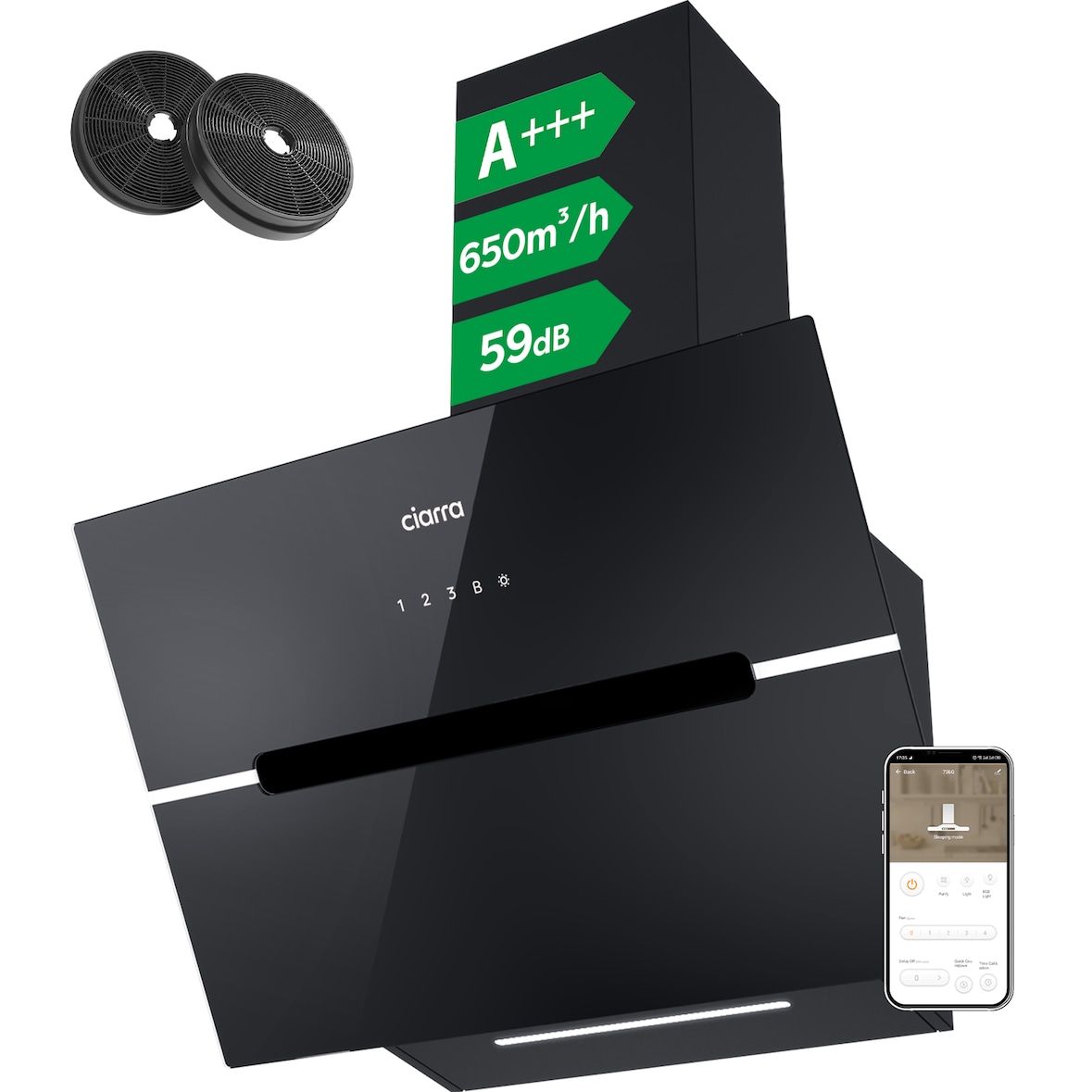 CIARRA Campana extractora de humos A+++ 650 m³/h 60cm WIFI + APP y control táctil Booster VM6736FB