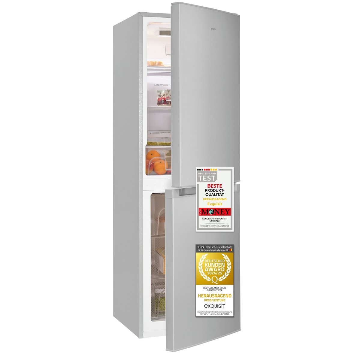 Exquisit Kühl-Gefrierkombination, 193 Liter, Standgerät, No-Frost, LED, leise 41 dB, 4-Sterne-Gefrieren, Umluft, kompakt, KGC195-65-NF-330E silber