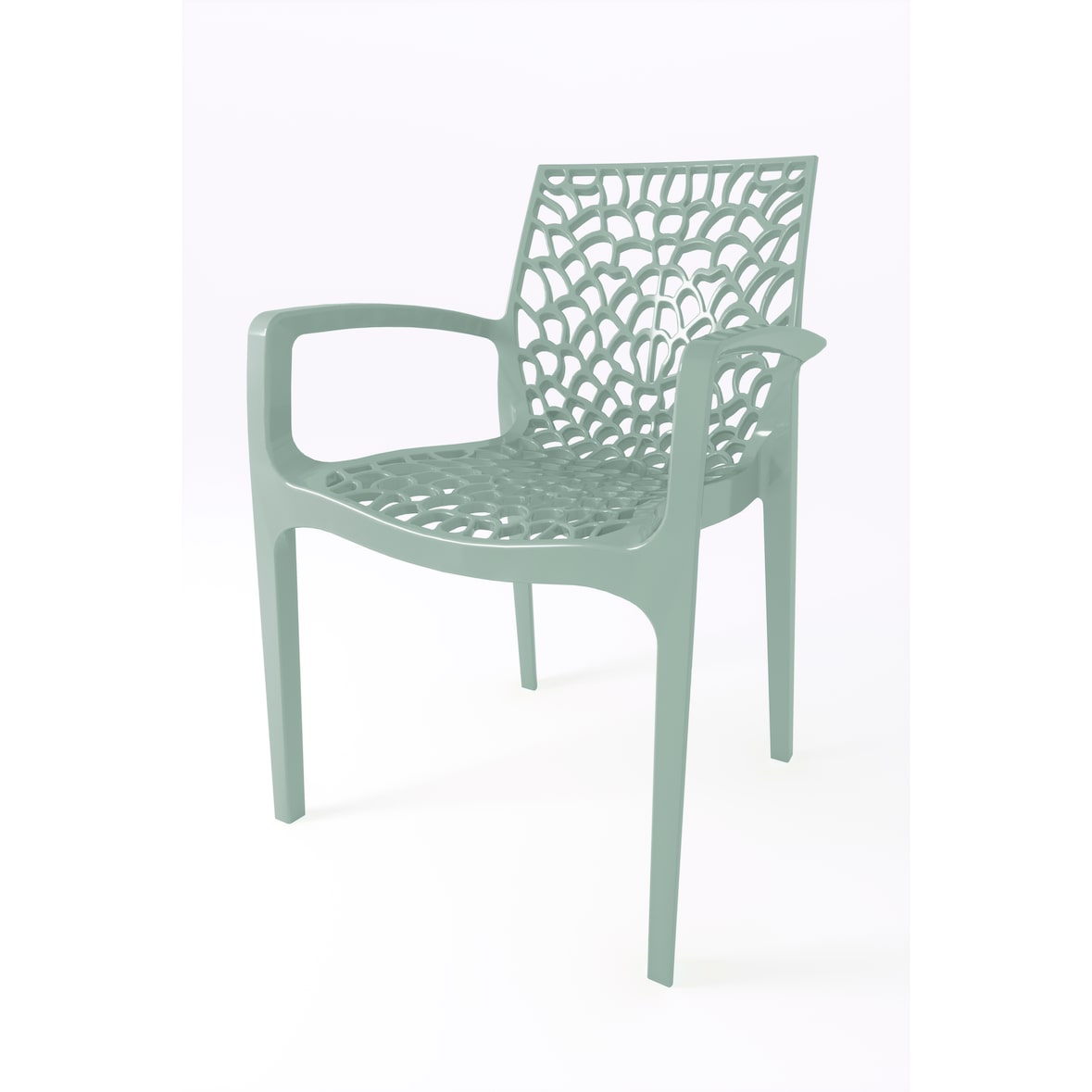 Fauteuil Saphir en polypropylène de haute qualité, coloris Vert Frosty, empilable. Marque Grandsoleil. Dimensions : 56,5x55x81 cm.