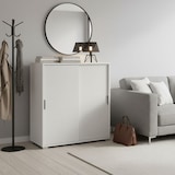 thumbnail of Mueble blanco 75×85×38 cm con 2 puertas correderas y estantes regulables, ya montado para varios espacios.
