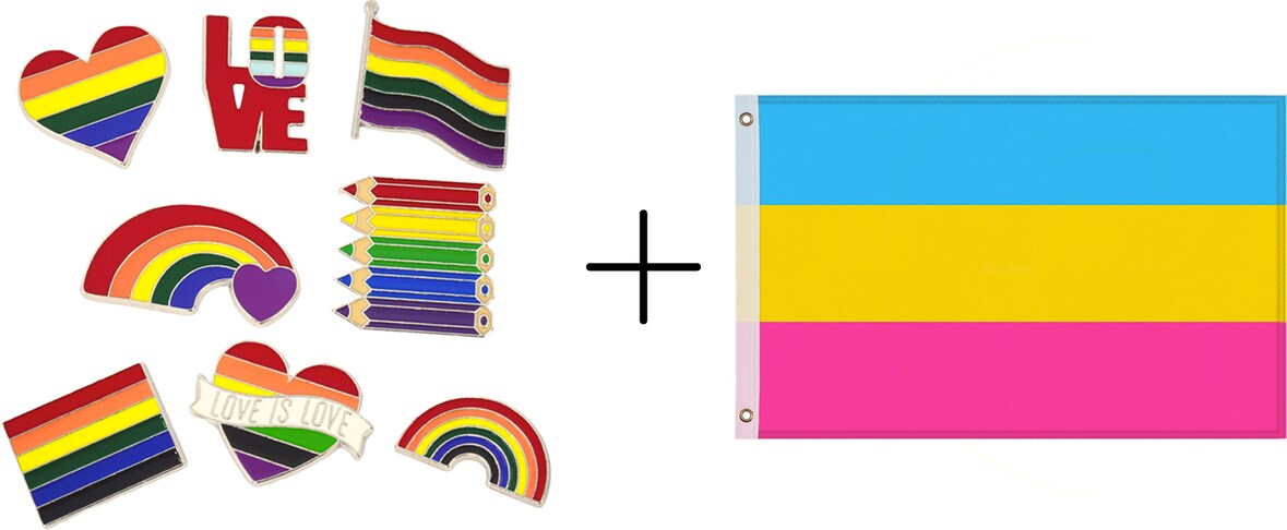 Set 1 Flagge + 8 Anstecker 150x90 cm, Pride Anstecker Set mit Symbolen