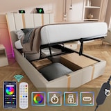 thumbnail of Merax Polsterbett USB Type C Ladefunktion APP-Control LED Einzelbett 90×200 Stauraumbetten Bettgestell, Lattenrost aus Holz, Beige Leinen