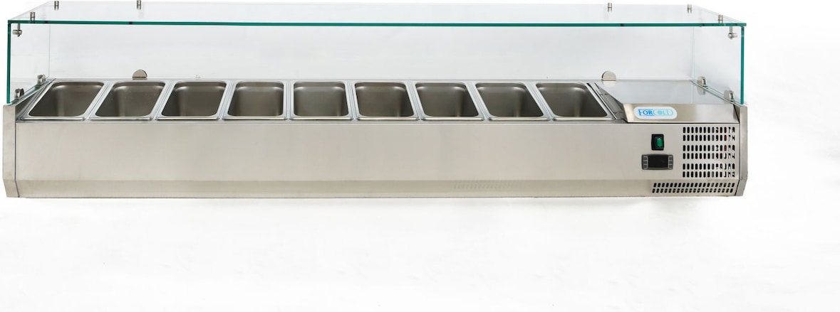 Gekühlte Vitrine mit Glas. Fassungsvermögen 9xGN1/4. Abmessungen (BxTxH) 180x33x43,5 cm. ForCold von FIMAR Modell G-VRX1800-330
