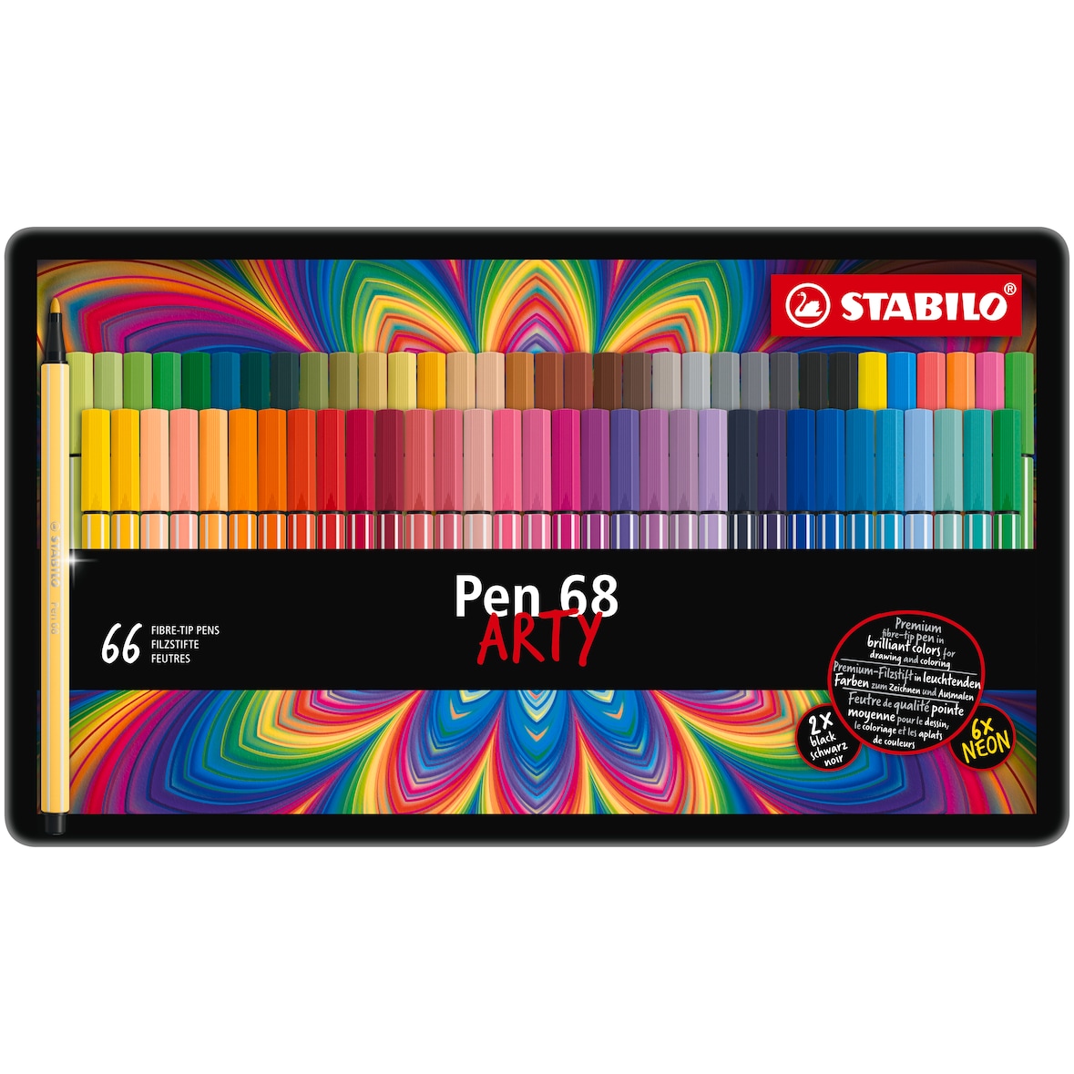 STABILO Boîte métal de 66 feutres de dessin pointe moyenne Pen 68 ARTY