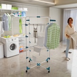 thumbnail of Stendibiancheria Da Pavimento Con Rotelle Stendino A Torre Verticale In Acciaio 4 Ripiani 2 Appendi Grucce Pieghevole 168.5x71x71 Cm Bianco Blu