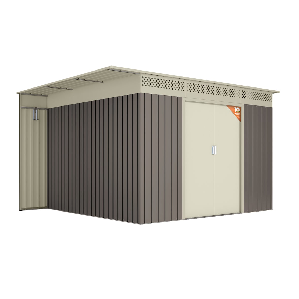 Gerätehaus Metall 8,96 m2 Coffee - 333x269x189cm - Kaminholzregal mit Dach - Doppelschiebetür - Geräteschuppen - Gartenhaus