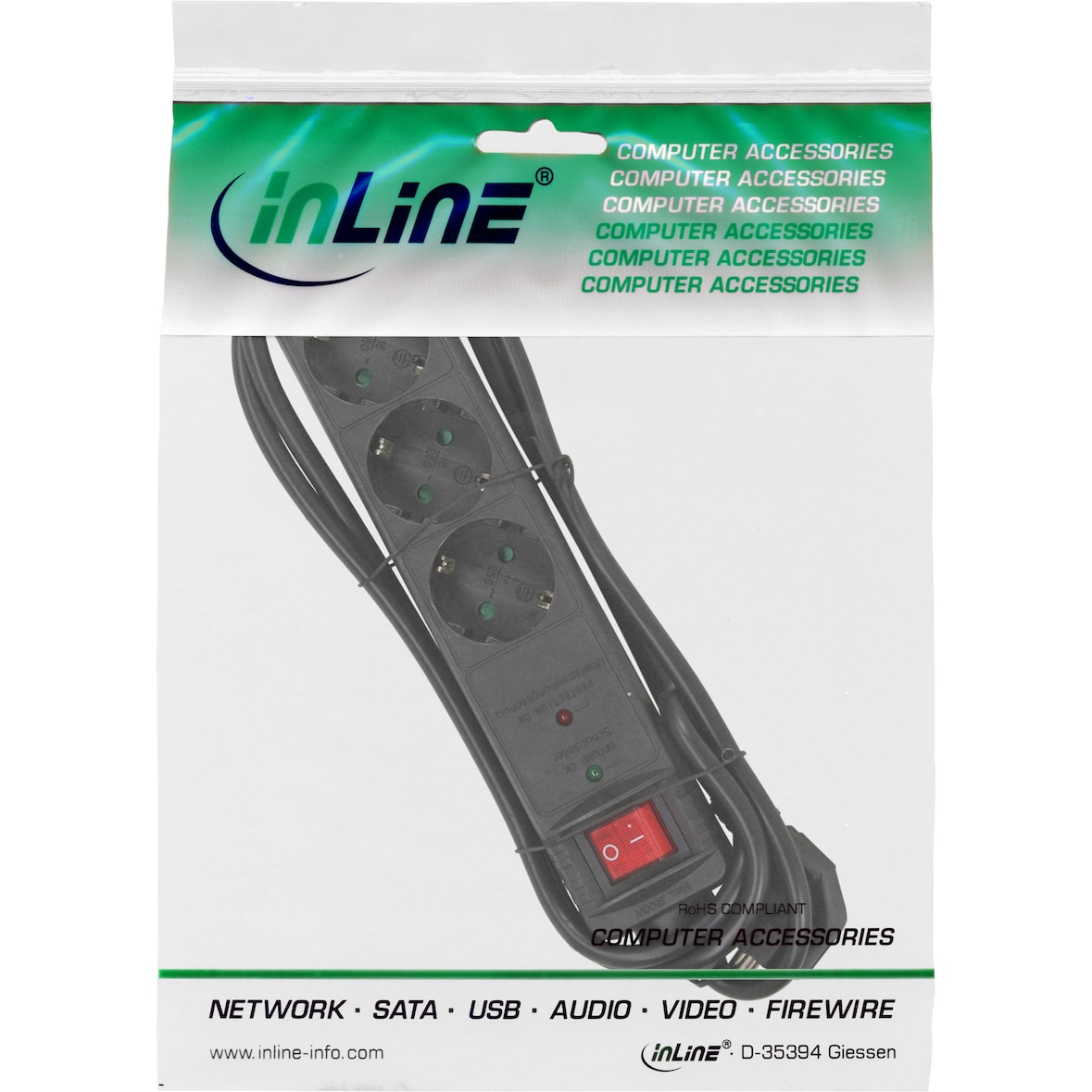 InLine® 16431P Steckdosenleiste, 3-fach Schutzkontakt, mit Überspannungsschutz, Schalter, 1,5m, schwarz