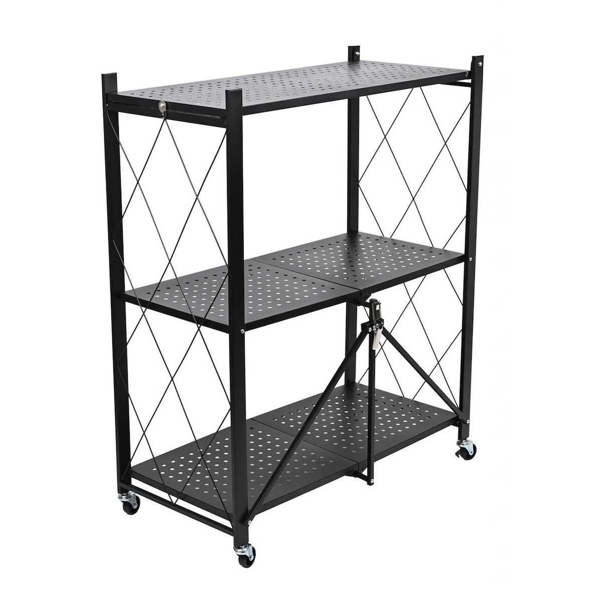 WellHome - Scaffale di stoccaggio pieghevole con 3 ripiani e ruote in nero - 71x34x89 cm