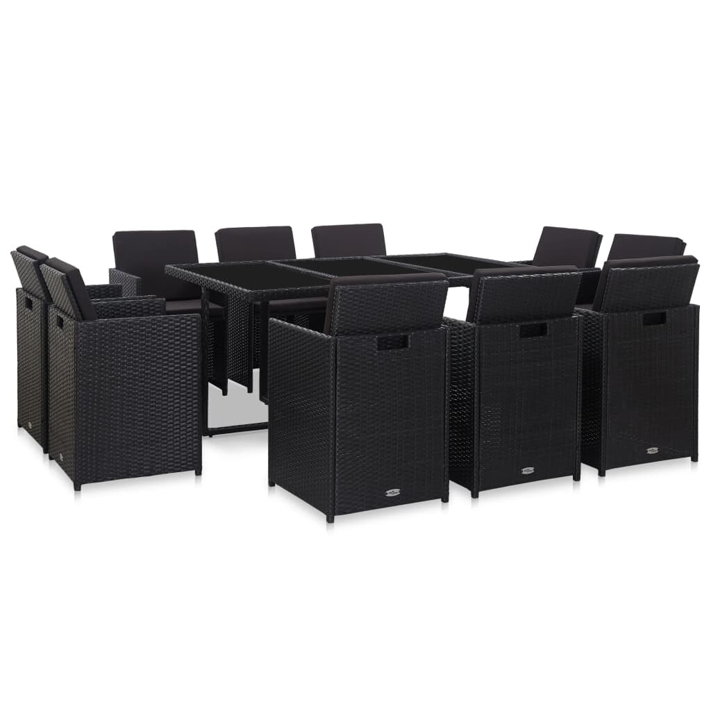 vidaXL 11-tlg. Garten-Essgruppe mit Auflagen Poly Rattan Schwarz