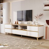thumbnail of Modernes TV-Gerätemöbel 175x37x51 in Weiß & Holz mit Stauraum, 4 Türen und praktischen Fächern für Mediengeräte