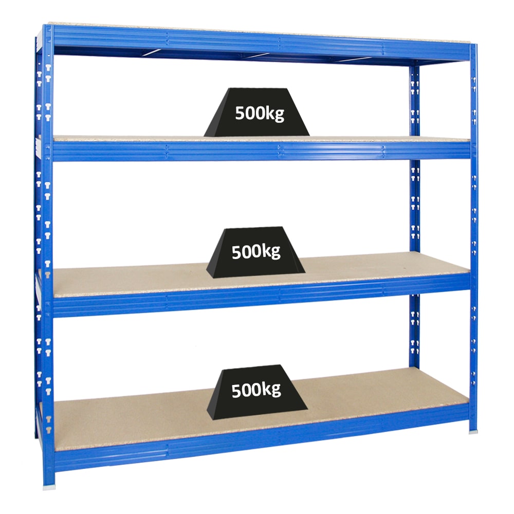 PROREGAL Étagère charge lourde RHINO, HxLxP 180x200x60cm, 500kg par niveau, Tablette 16mm, Bleu, Étagère de garage, étagère de rangement