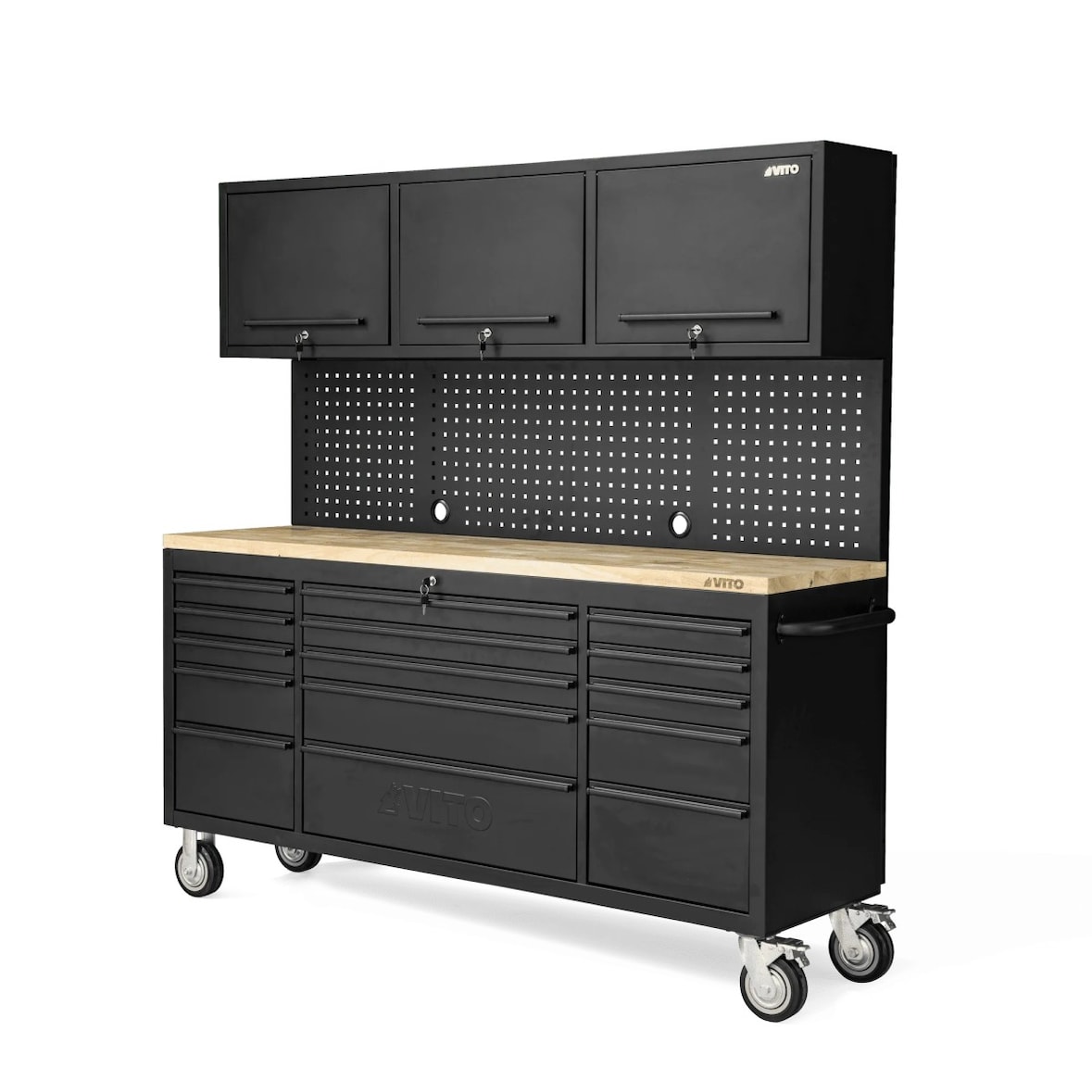 Werkplaatswerkbank op wielen 3-deurs kast 182 x 51 x 186 cm 15 laden met remmen - Houten werkblad 500kg draagvermogen VITO