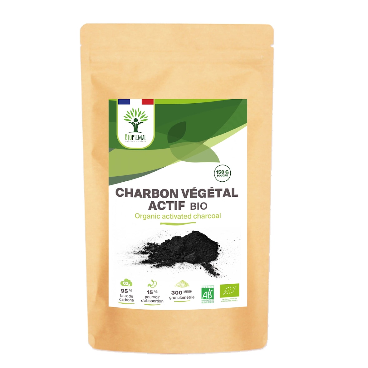 Charbon végétal actif bio en poudre - Digestion Ventre Plat - Colorant alimentaire Noir - Made in France - Certifié Ecocert - sachet de 150g