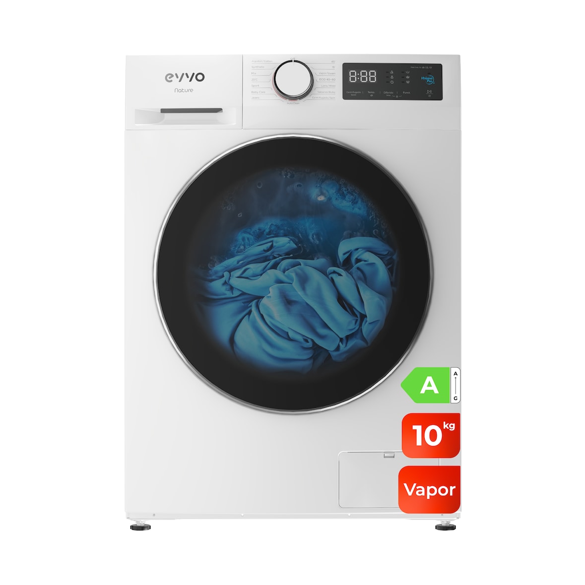 EVVO Lavadora 10 kg carga frontal Nature 10, 1350 rpm, Clase energética A, Motor Inverter, tambor diamante ePROTECT,  Blanco