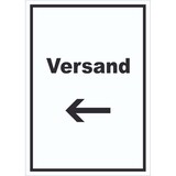 thumbnail of Versand Schild mit Text und Richtungspfeil links Lieferung shipping hochkant A6 Rückseite selbstklebend