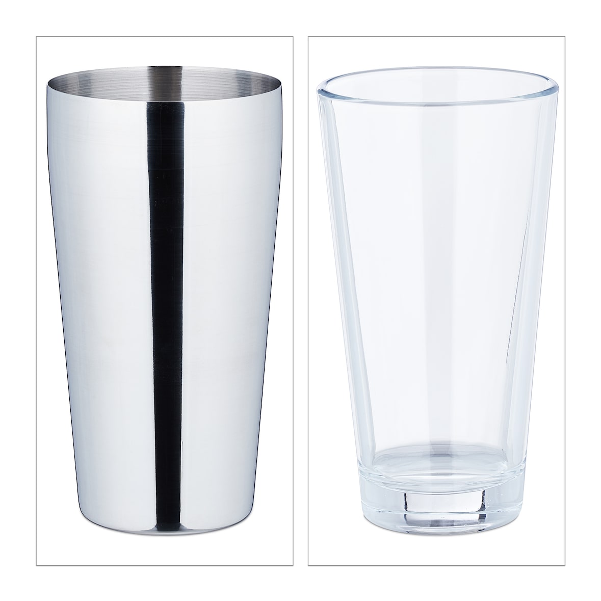 Relaxdays Cocktail Shaker Boston, 2-teiliger Cocktailmixer, 400 & 600 ml, Edelstahl & Glas, Profi, silber/transparent