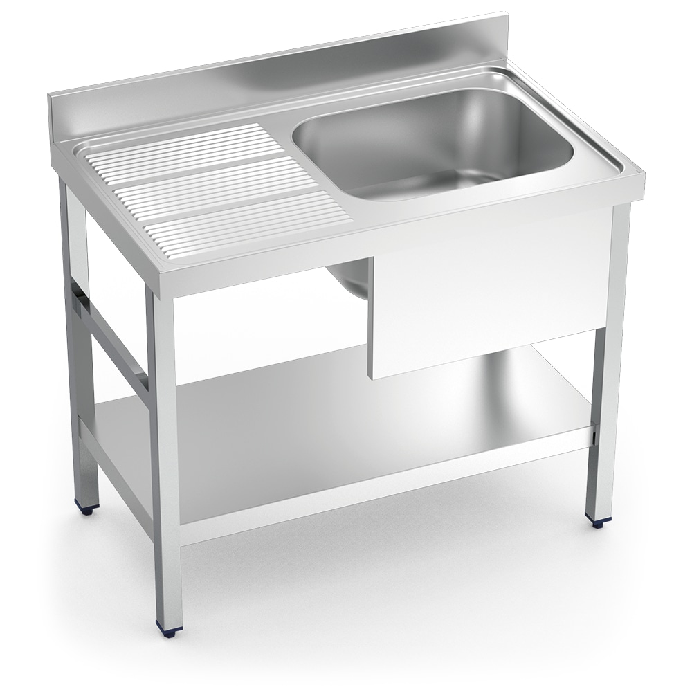Fregadero con soporte con  entrepaño una cuba, escurridor en la izquierda 1300x700x850 mm.