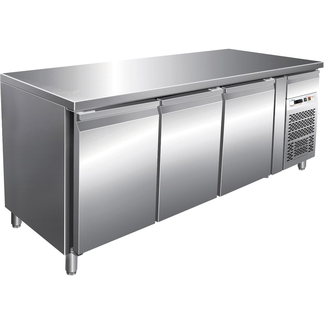 Tavolo banco refrigerato 3 porte e cassetto neutro, temp.-2°/+8°C, capacità 417 lt, ventilato, GN 1/1, Gas R290 Ecologico, Classe B - mod.G-GN3100TN