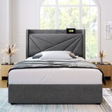thumbnail of Einzelbett 90×200 mit Stauraum, USB Typ C Ladefunktion, komfortables Kopfteil aus Baumwolle-Leinen, robuste Latten, modernes Design, Grau
