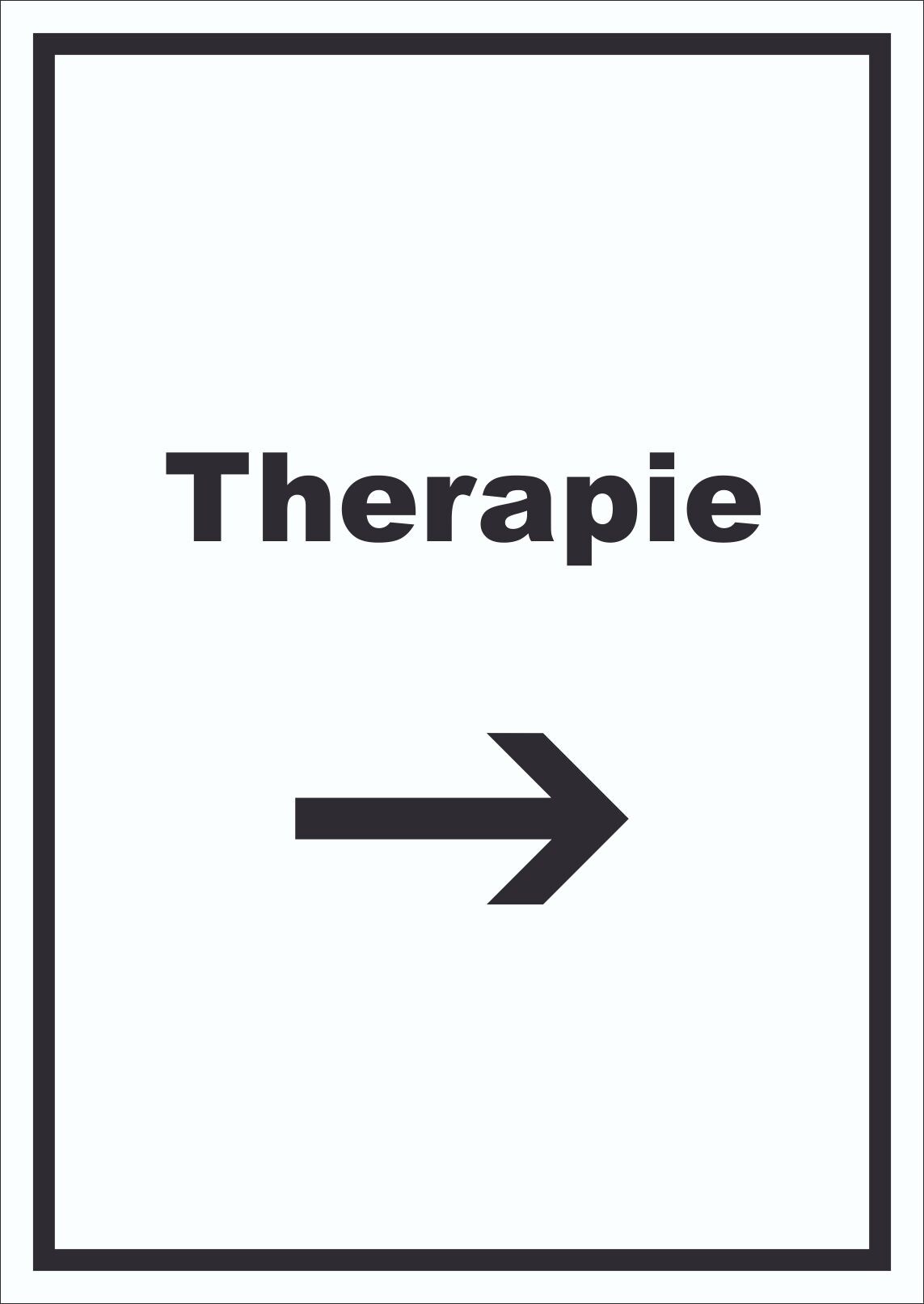 Therapie Schild mit Text und Richtungspfeil rechts Raum Behandlung hochkant A2 Rückseite selbstklebend