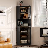 thumbnail of Badschrank Eckschrank Schwarz 167x45x45 cm mit integrierter Lichtleiste Glastür offenen Fächern verstellbaren Einlegeböden Kippschutz MDF