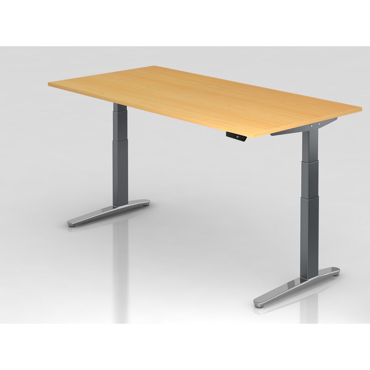 PROREGAL Sitz-Steh-Schreibtisch Pekka | Buche | Graues Gestell poliert | BxT 200x100cm | Höhe 65-130cm | elektrisch höhenverstellbar | C-Fuß Gestell