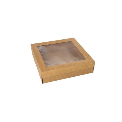 Starpak, Cateringdozen, karton hoekig 6 cm x 22,5 cm x 22,5 cm bruin met apart deksel en kijkvenster van