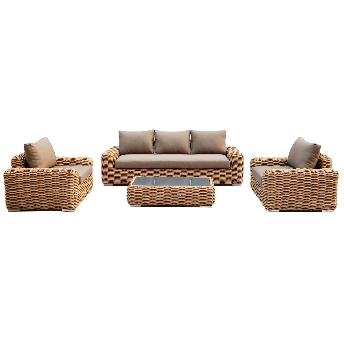 ZULA Salotto da esterno per portico e giardino in rattan naturale e 12 cuscini, D.220x85x62/P.110x85x62/T.110x60x28 colore Marrone
