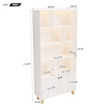 thumbnail of Bücherregal 80x30x173 cm mit LED-Beleuchtung Doppeltüren 7 Fächer Massivholzbeine MDF Weiß modernes Stauraumregal für Wohnbereich