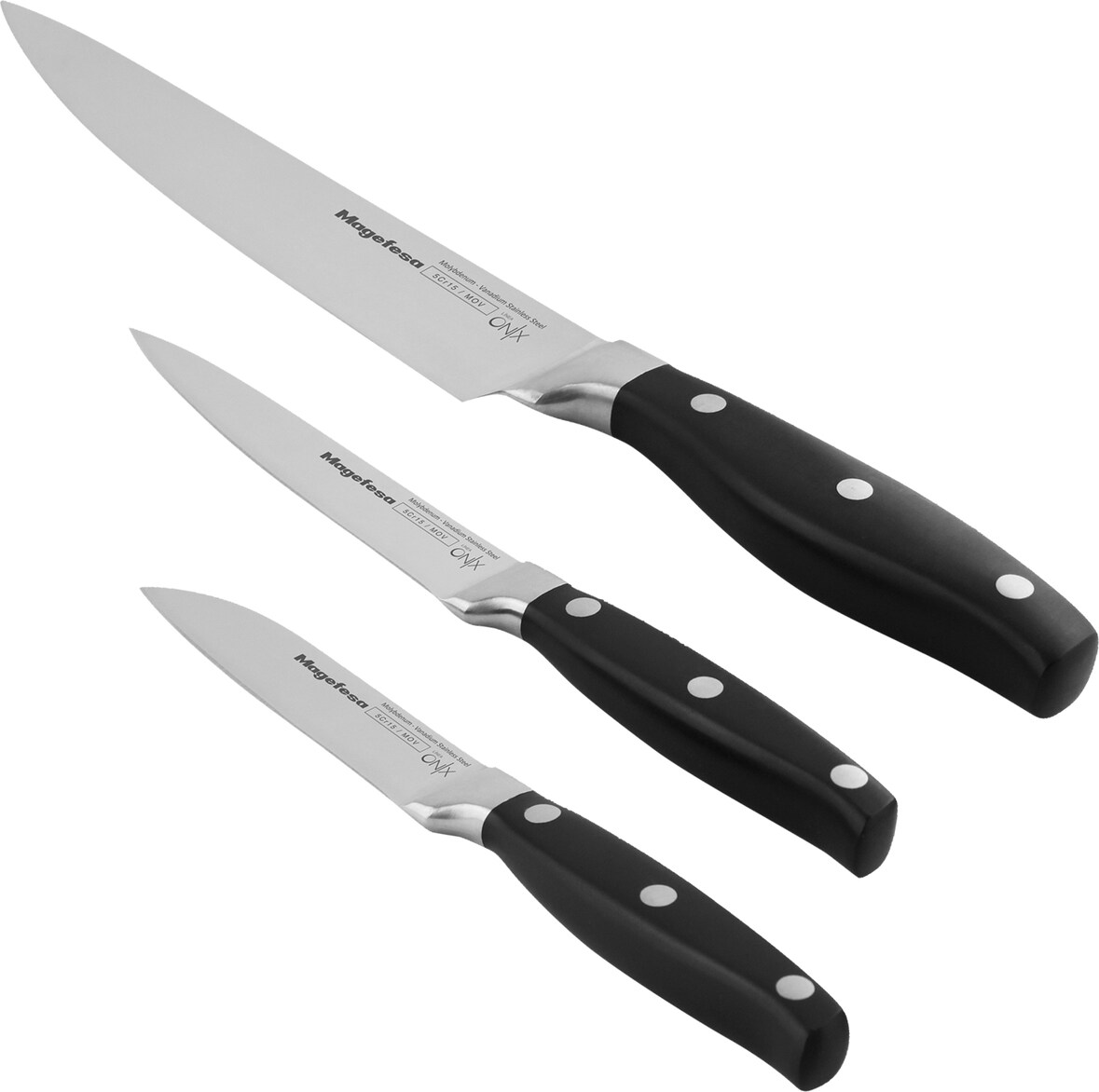 Magefesa Onix - Juego de 3 Cuchillos, Chef 20cm + Universal 12cm + Pelador 9cm, Triple Remache, Acero Inoxidable, Mango Antideslizante y Ergonomico