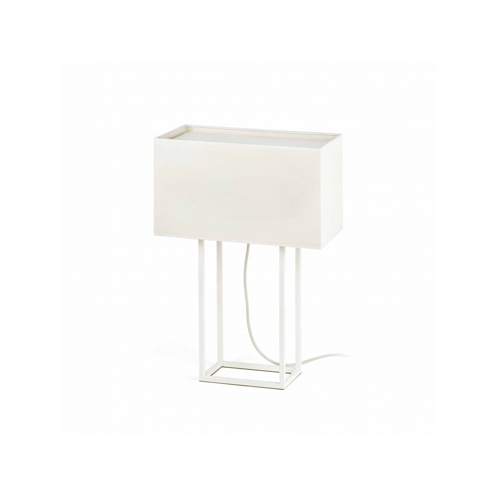 vesper, lámpara de mesa de metal blanco con pantalla textil blanca, faro barcelona