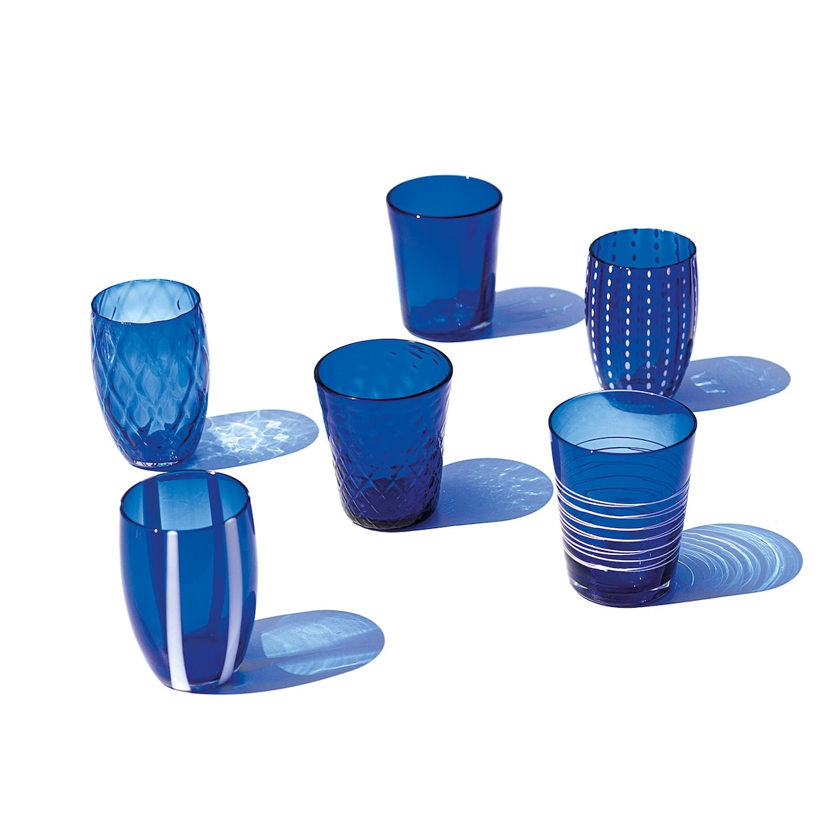Zafferano Melting Pot Set van 6 glazen in één kleur - Blauw - Handgeblazen glas, 32 cl - Ambachtelijke bekers voor water en cocktails